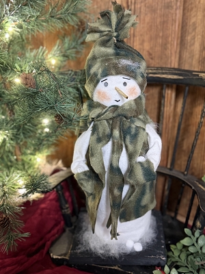Handmade Primitve Snowman in Camo Fleece with Snowballs By Deb 15 Tall